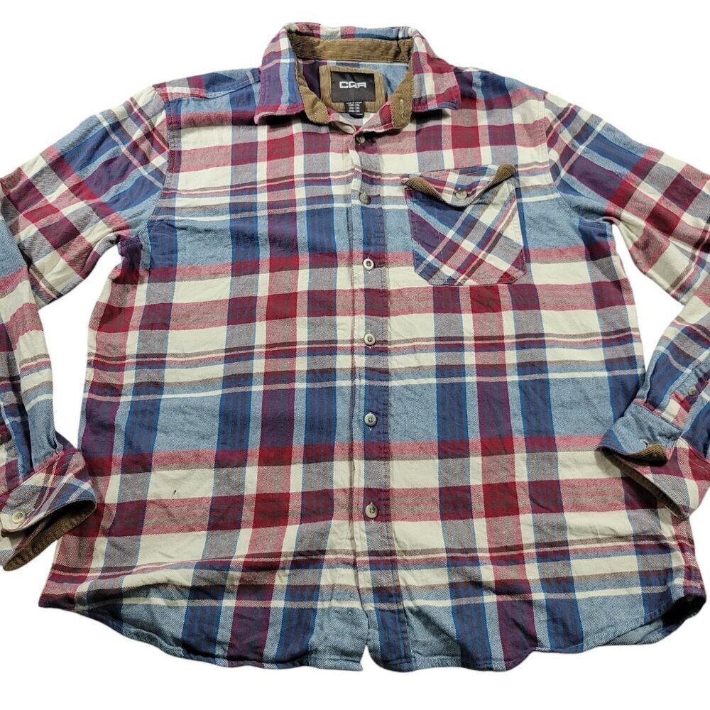 CQR Flannel Shirt Mens XL Plaid Colorful Button Up Long Sleeve Corduroy Trim